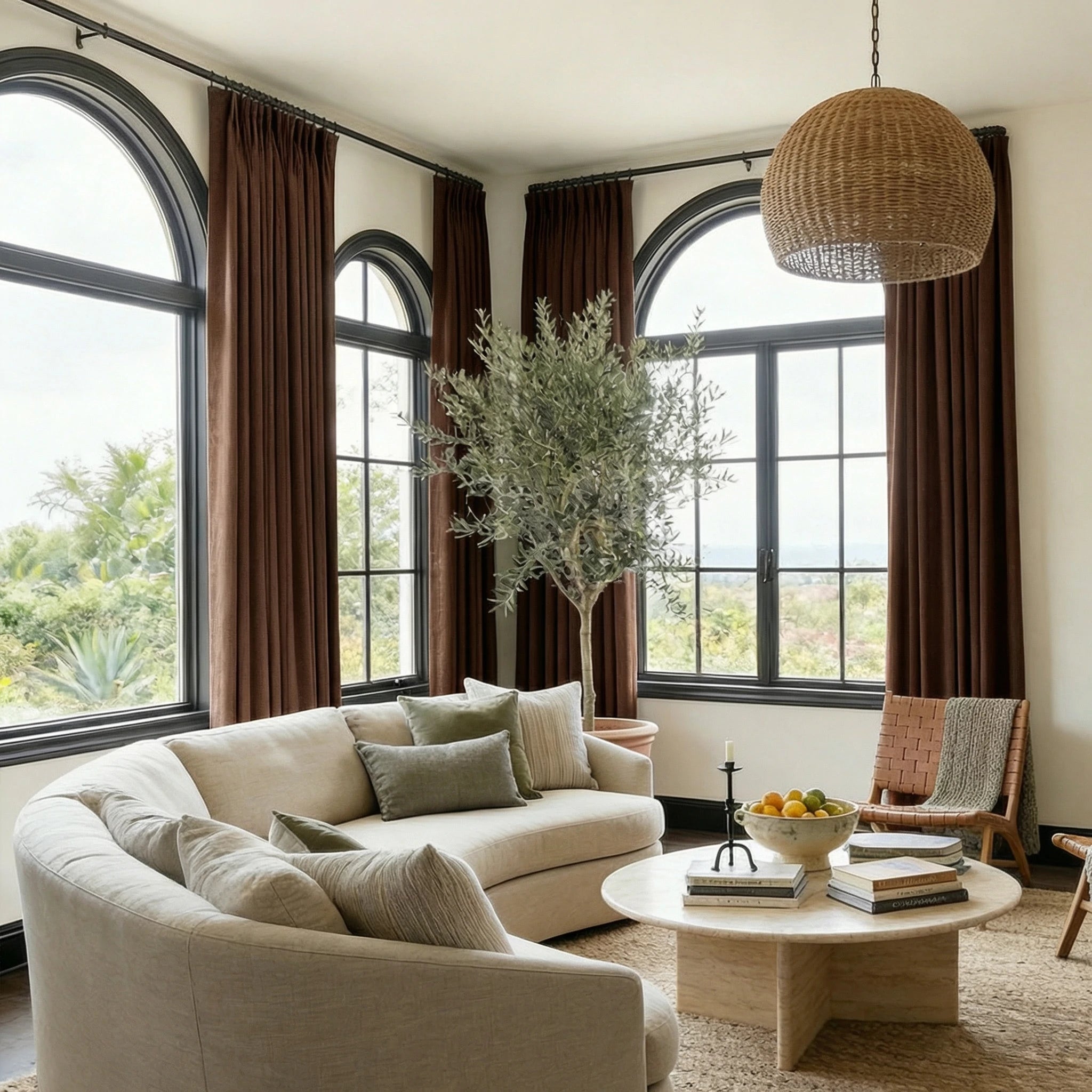 Elegant pinch pleat header of Reddish Brown John Linen Texture Cotton Curtains hanging next to a neutral sofa