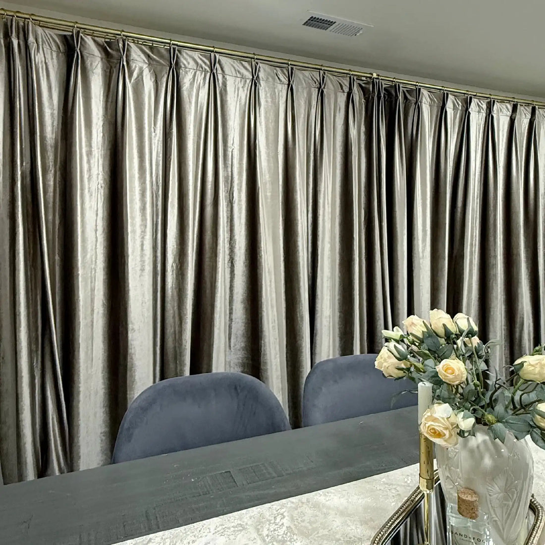 Modern dining room with beige velvet curtains, sheer white curtains, gold curtain rod, natural daylight, SKU: AGB21-15