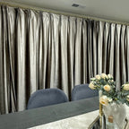 Modern dining room with beige velvet curtains, sheer white curtains, gold curtain rod, natural daylight, SKU: AGB21-15