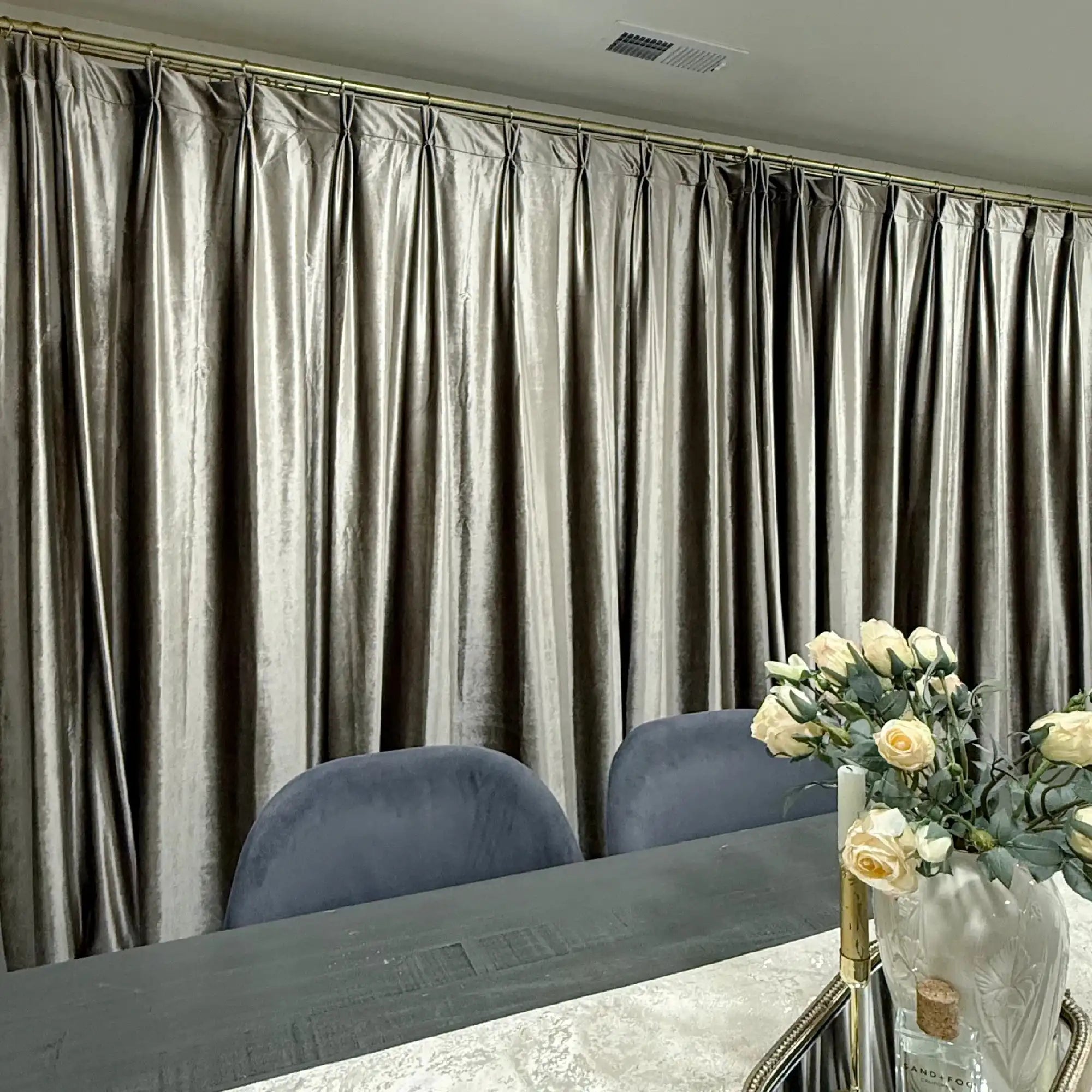 Modern dining room with beige velvet curtains, sheer white curtains, gold curtain rod, natural daylight, SKU: AGB21-15