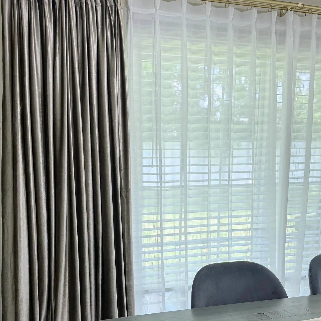 Stylish beige velvet curtains with sheer white curtains in a bright dining space, gold curtain rod, SKU: AGB21-15
