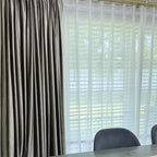 Stylish beige velvet curtains with sheer white curtains in a bright dining space, gold curtain rod, SKU: AGB21-15