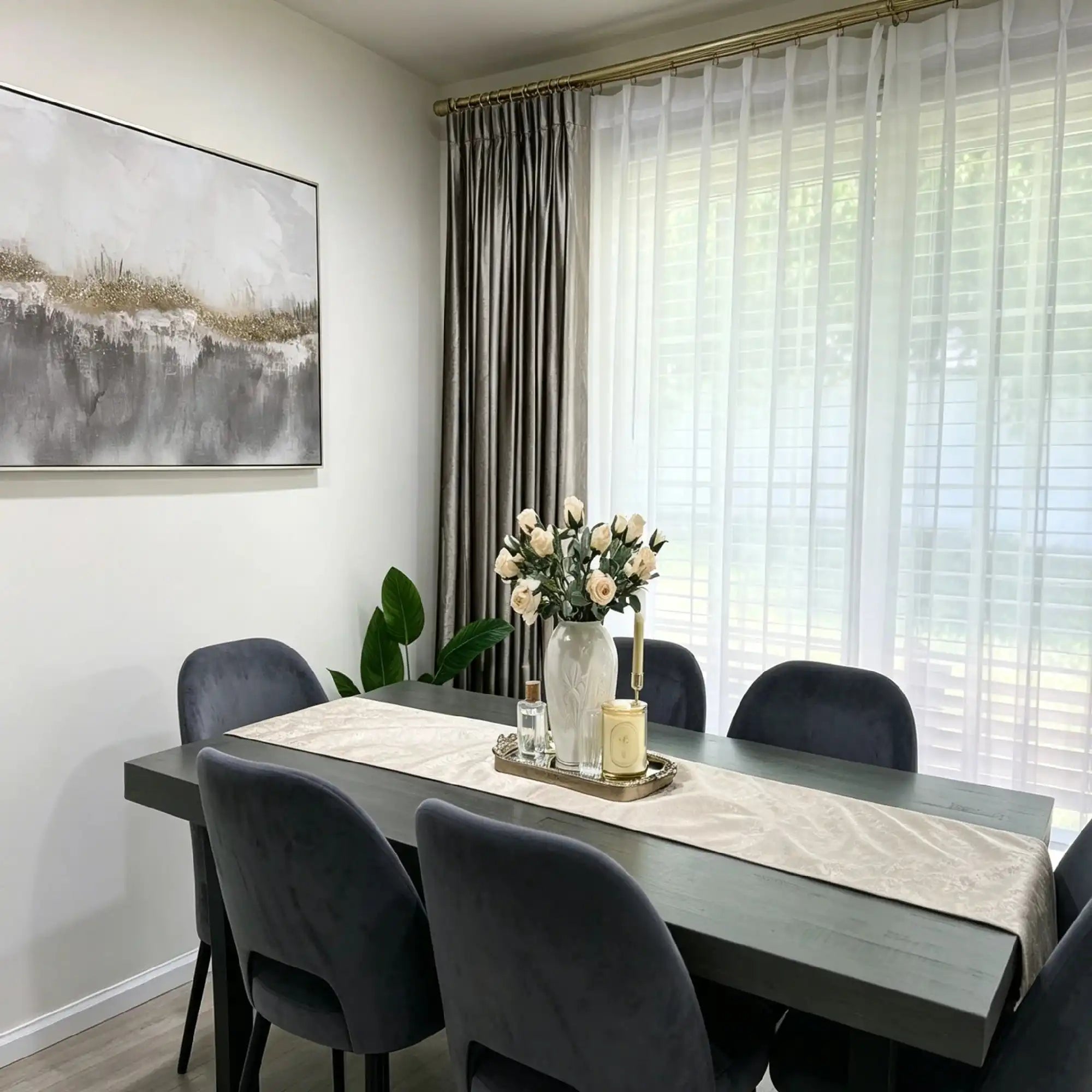 Close-up of luxurious beige velvet curtains with gold rod, hanging in a stylish dining area, sheer white curtains behind, SKU: AGB21-15