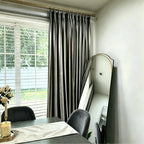Dining room with beige velvet curtains and sheer white drapes, gold curtain rod, natural light, SKU: AGB21-15