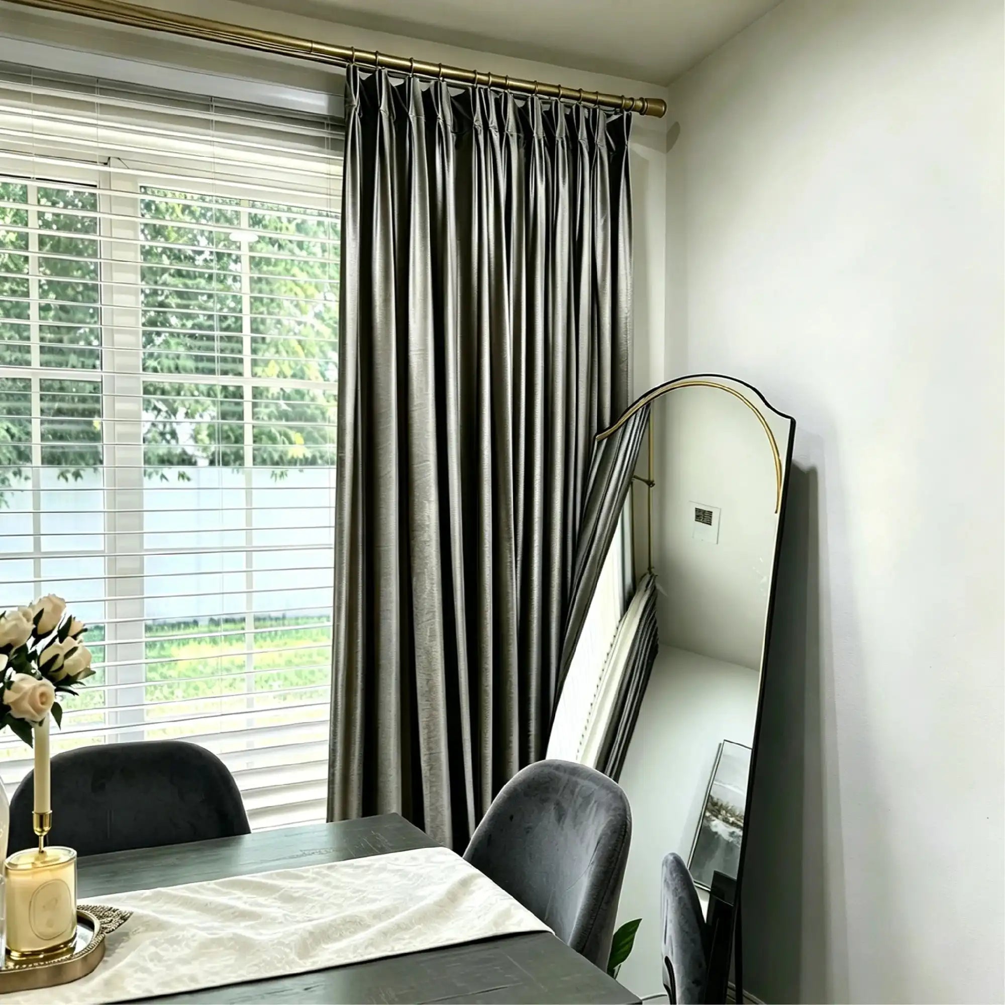 Dining room with beige velvet curtains and sheer white drapes, gold curtain rod, natural light, SKU: AGB21-15