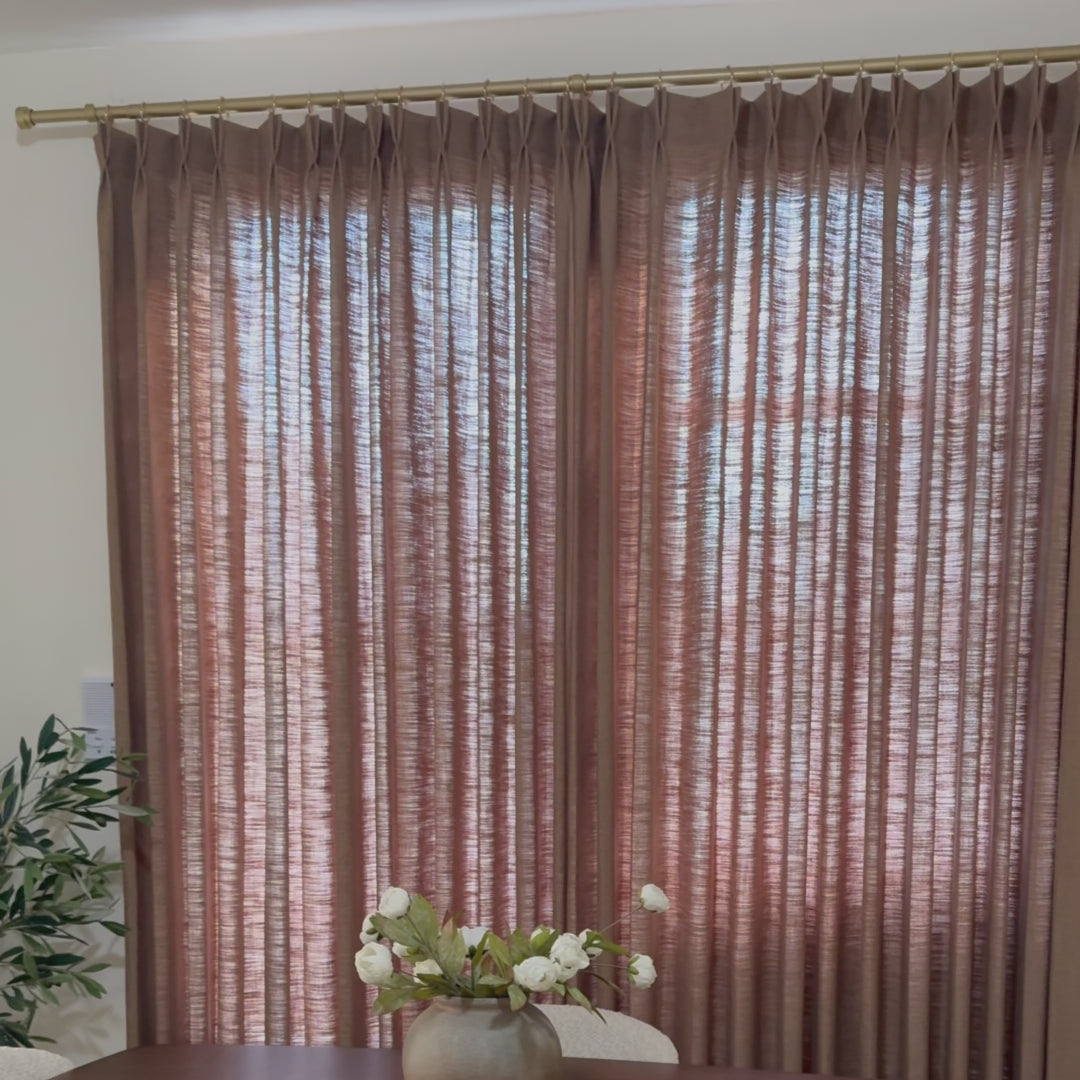 How to install Rusty Brown Jasper Dotted Linen Blend Curtains with pinch pleat hooks and gold drapery rings