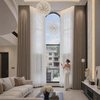 Coffee Alex blackout curtains and white sheers on a tall arched luxury living room window