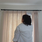 Installation guide for Vanilla Cream Jasper Dotted Linen Blend Curtains, pinching pleats onto a black curtain rod, bedroom makeover with light filtering textured curtains