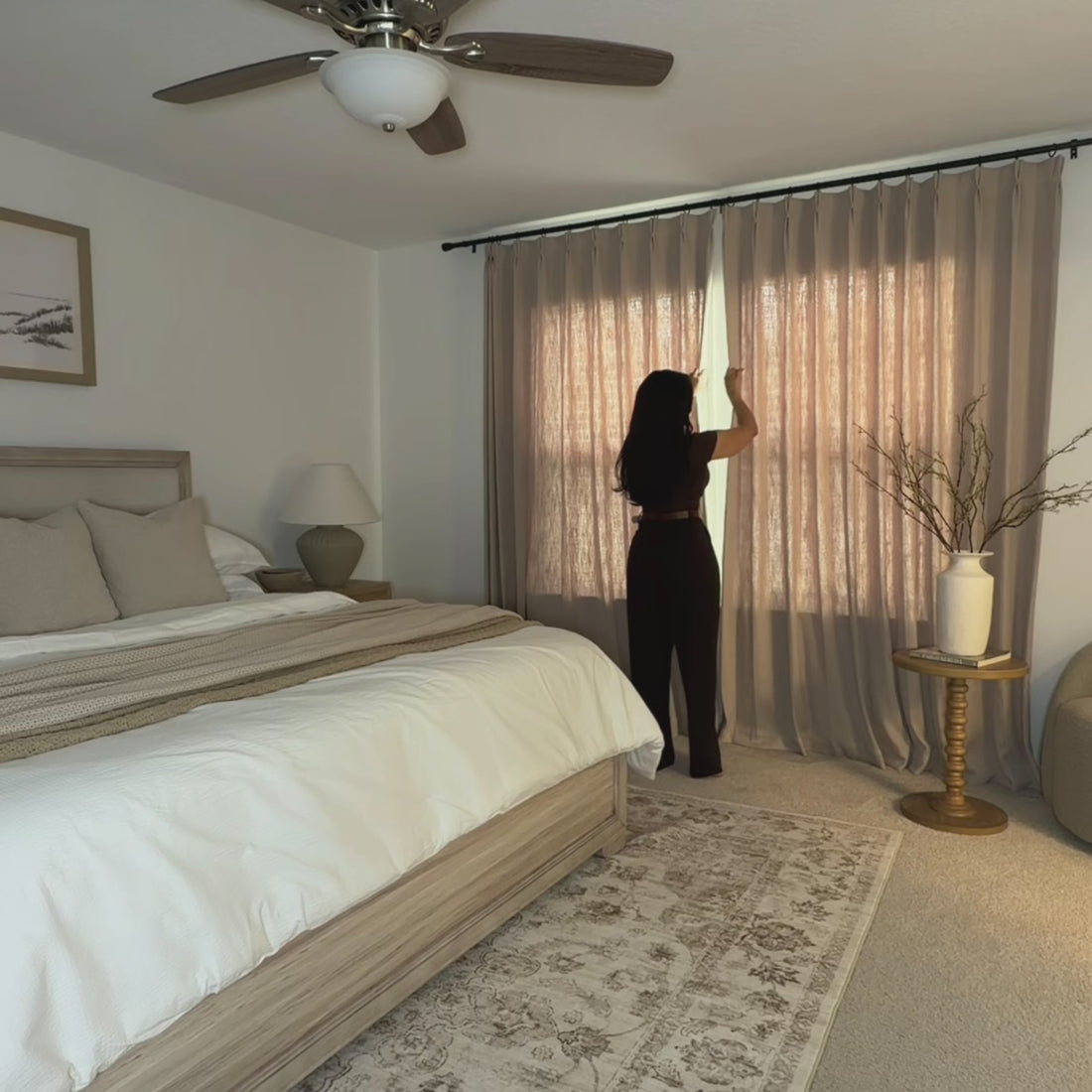 Light Brown John Linen Texture Cotton Curtains installation and bedroom unboxing showcase highlighting premium pinch pleat drapery on dark rods
